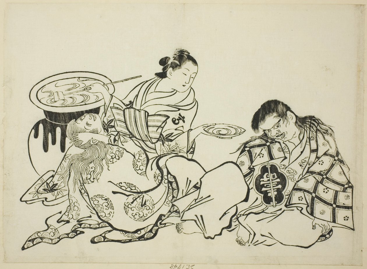 Courtisane die Shojo sake aanbiedt, nr. 4 uit een serie van 12 prenten door Okumura Masanobu