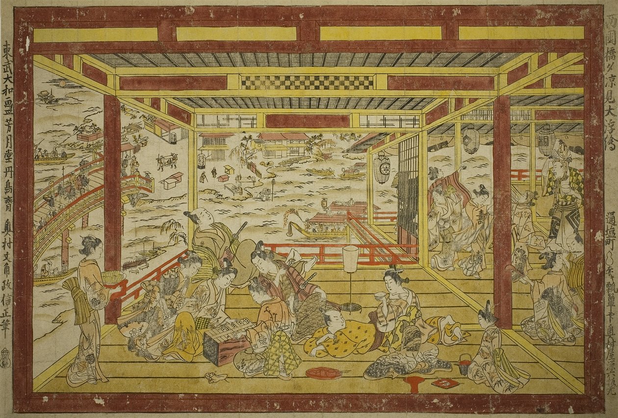Genieten van de avondkoelte bij de Ryogoku-brug door Okumura Masanobu