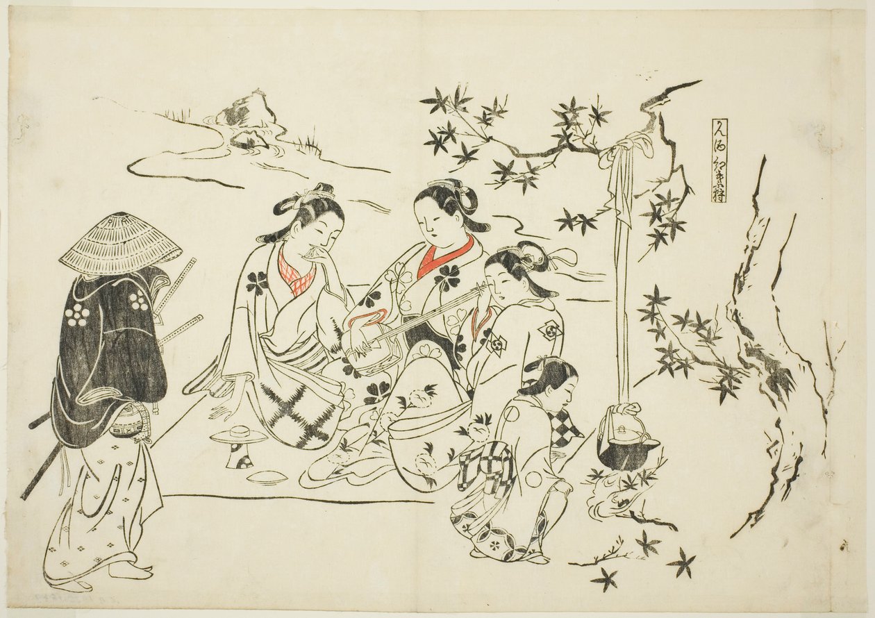 Verwarmende sake met esdoornbladeren (Kanzake momijigari), nr. 9 uit een serie van 12 prenten met parodieën op toneelstukken door Okumura Masanobu