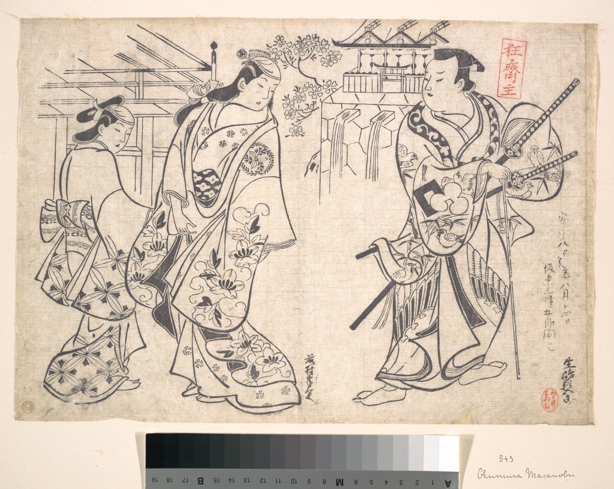Ikushima Shingoro als Bushi (samurai) en Ogino Yaegiri als vrouw met een jong meisje als begeleidster door Okumura Masanobu