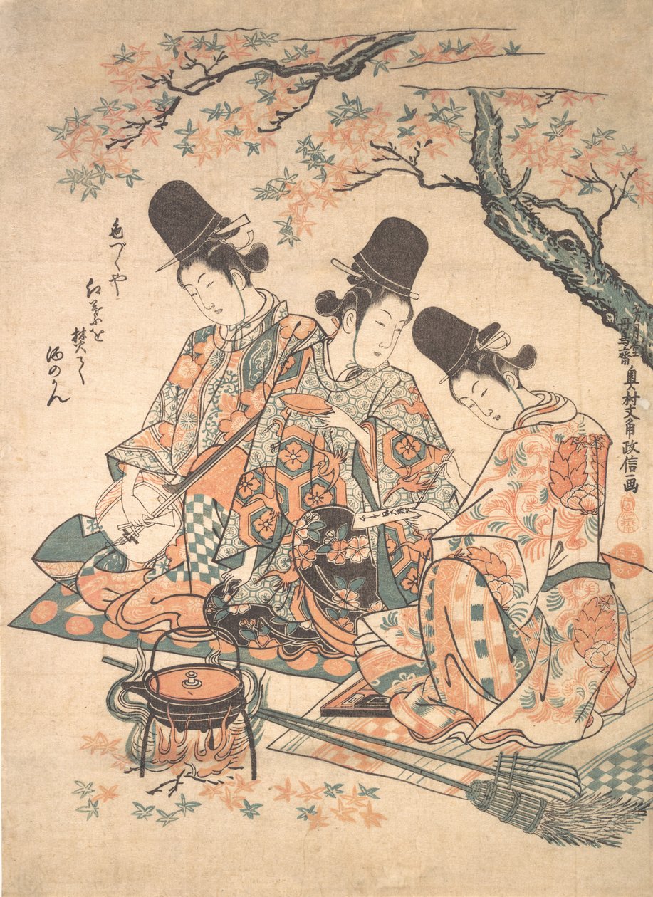 Parodie van Paleisbedienden die Sake Verwarmen boven een Vuur van Esdoornbladeren, ca. 1750 door Okumura Masanobu