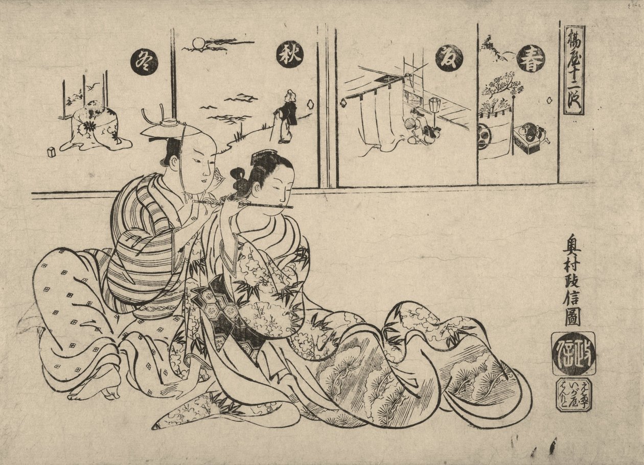 Parodie op de romance tussen keizer Xuanzong en Yang Guifei door Okumura Masanobu
