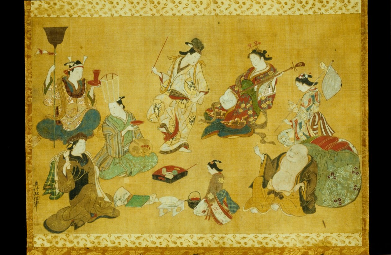 Feest in de uitgaanswijk als mitate van de zeven goden van geluk door Okumura Masanobu