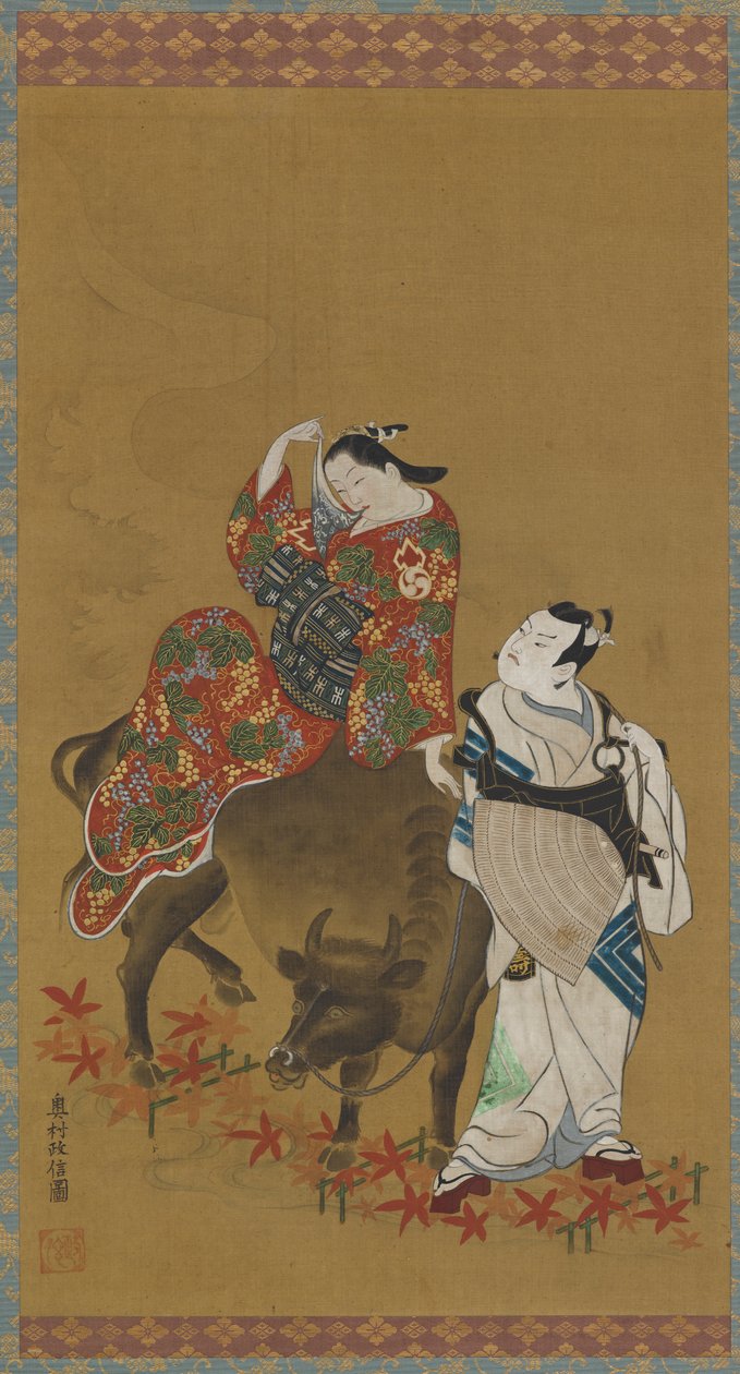 Twee kabuki-acteurs in de rollen van een courtisane op een waterbuffel en een reizende priester door Okumura Masanobu