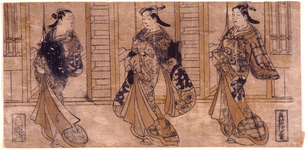 Zonder titel: 3 courtisanes lopen door Okumura Masanobu