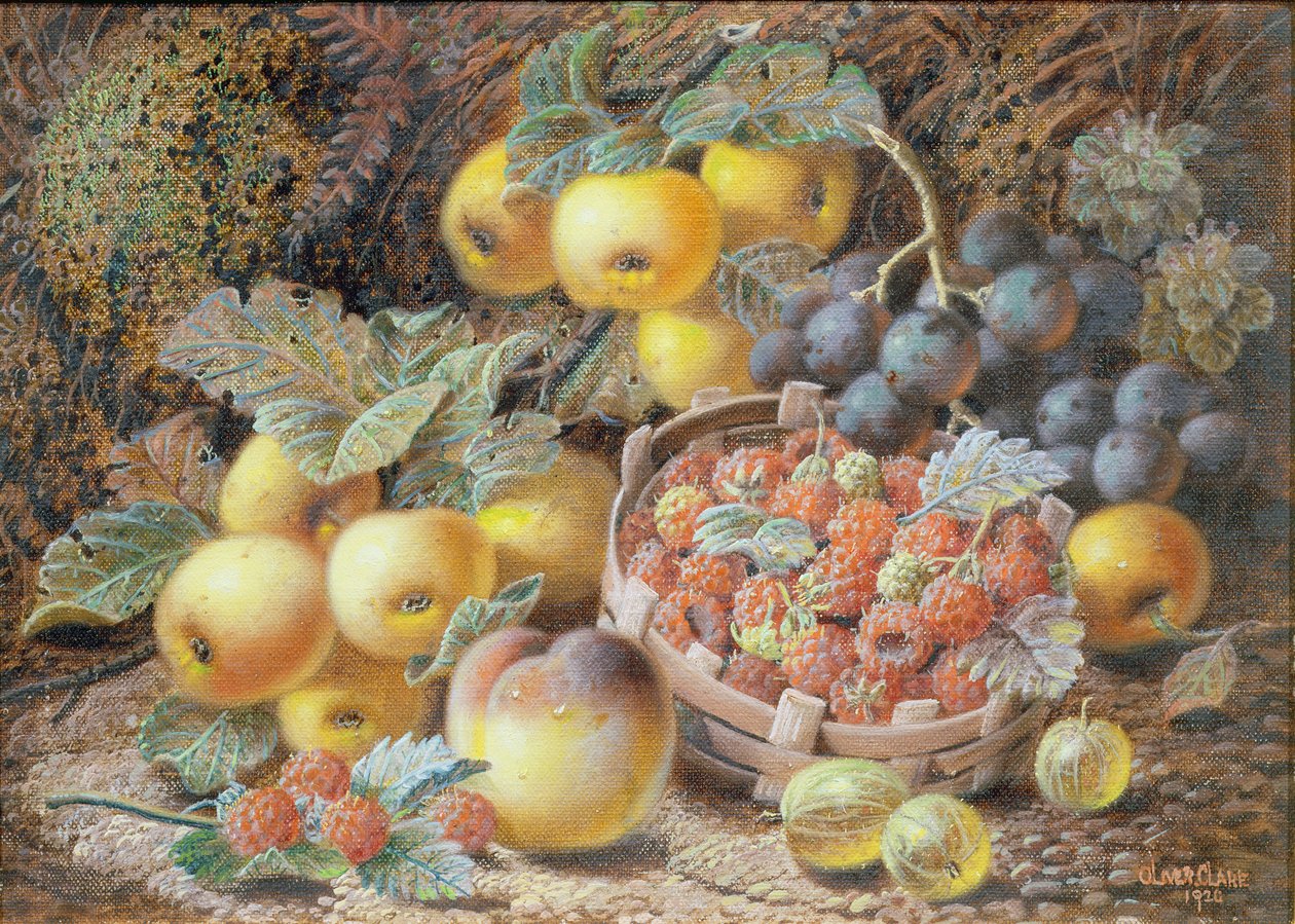 Stilleven van appels, druiven, frambozen, kruisbessen en perzik door Oliver Clare