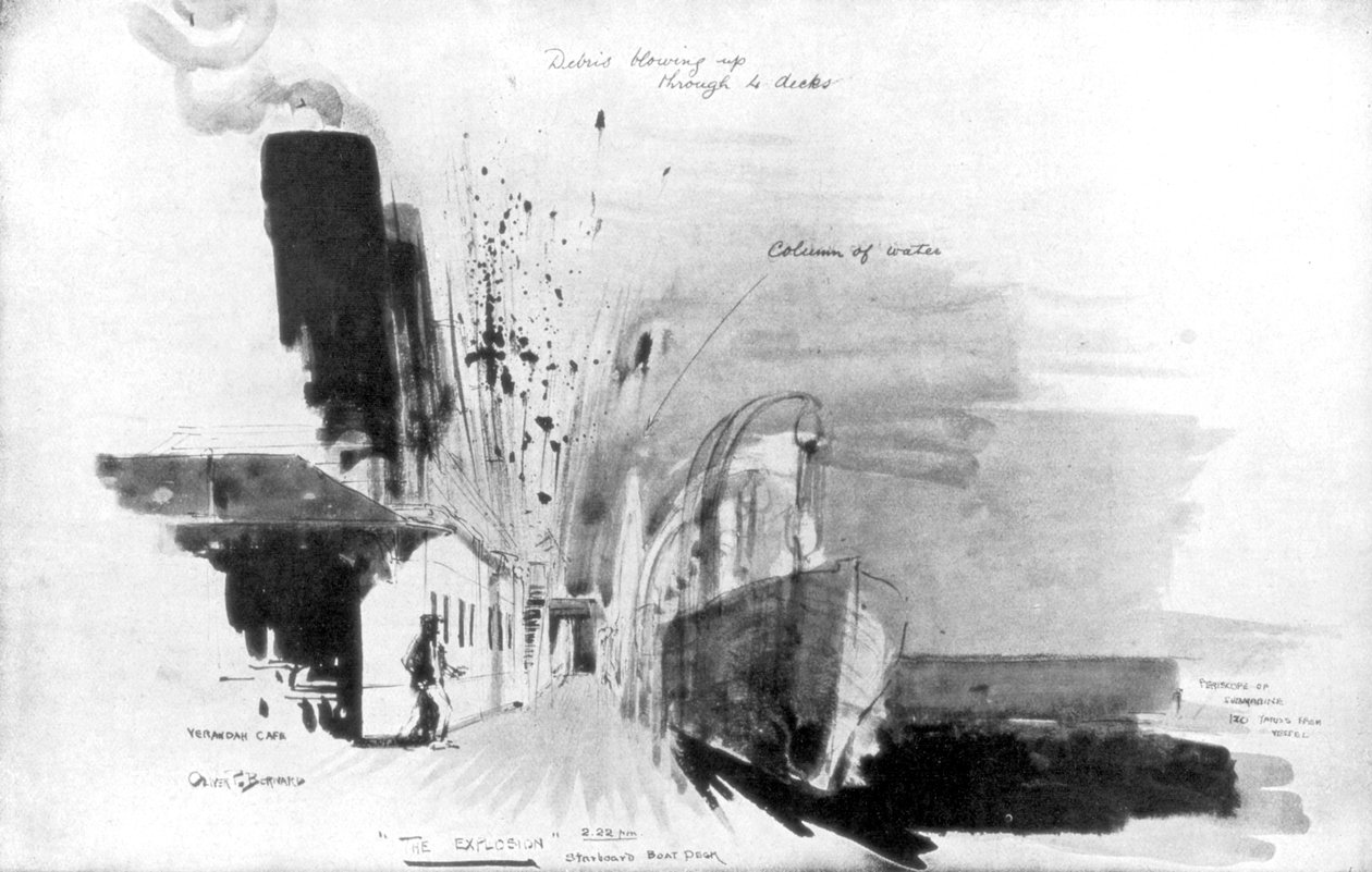 Het moment dat een torpedo van de Duitse onderzeeër U-20 de RMS Lusitania raakte, 7 mei 1915 door Oliver Percy Bernard