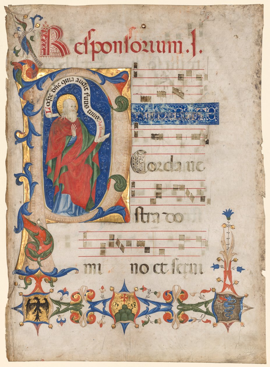 Blad uit een Antifonarium: Geïllustreerde Initiaal P met de profeet Samuel..., ca. 1439-1447 door Olivetan Master