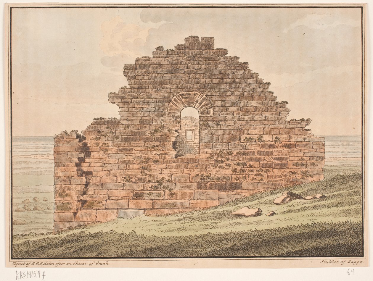 Kerkruïne op Groenland. Illustratie voor W.A. Graah. Onderzoekstocht naar de oostkust van Groenland door Oluf Olufsen Bagge