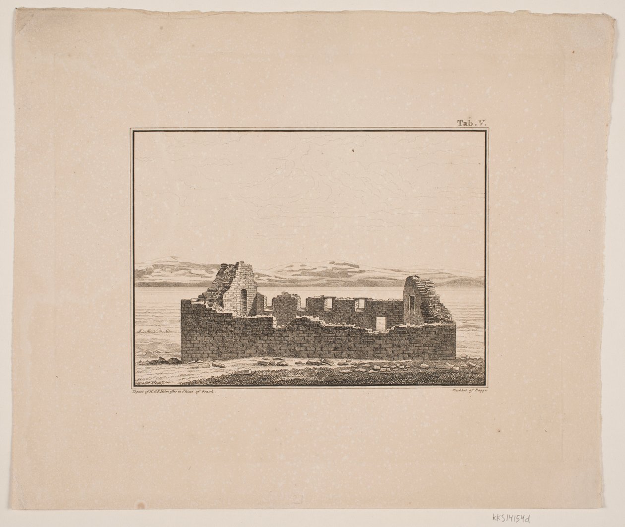 Kerkruïne op Groenland. Illustratie voor W.A. Graah. Onderzoekstocht naar de oostkust van Groenland door Oluf Olufsen Bagge