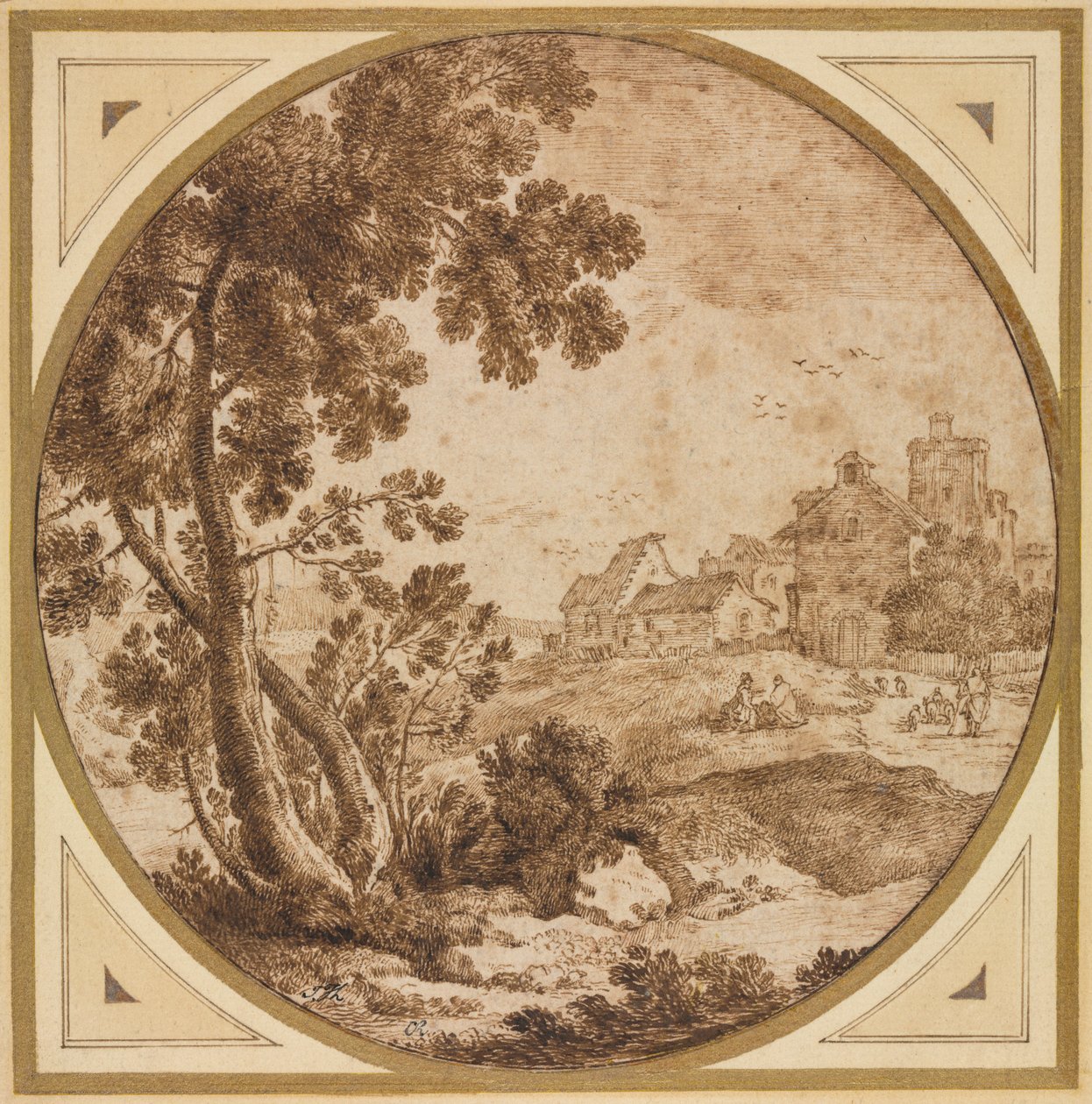 Landschap met gebouwen en figuren door Onorio Marinari