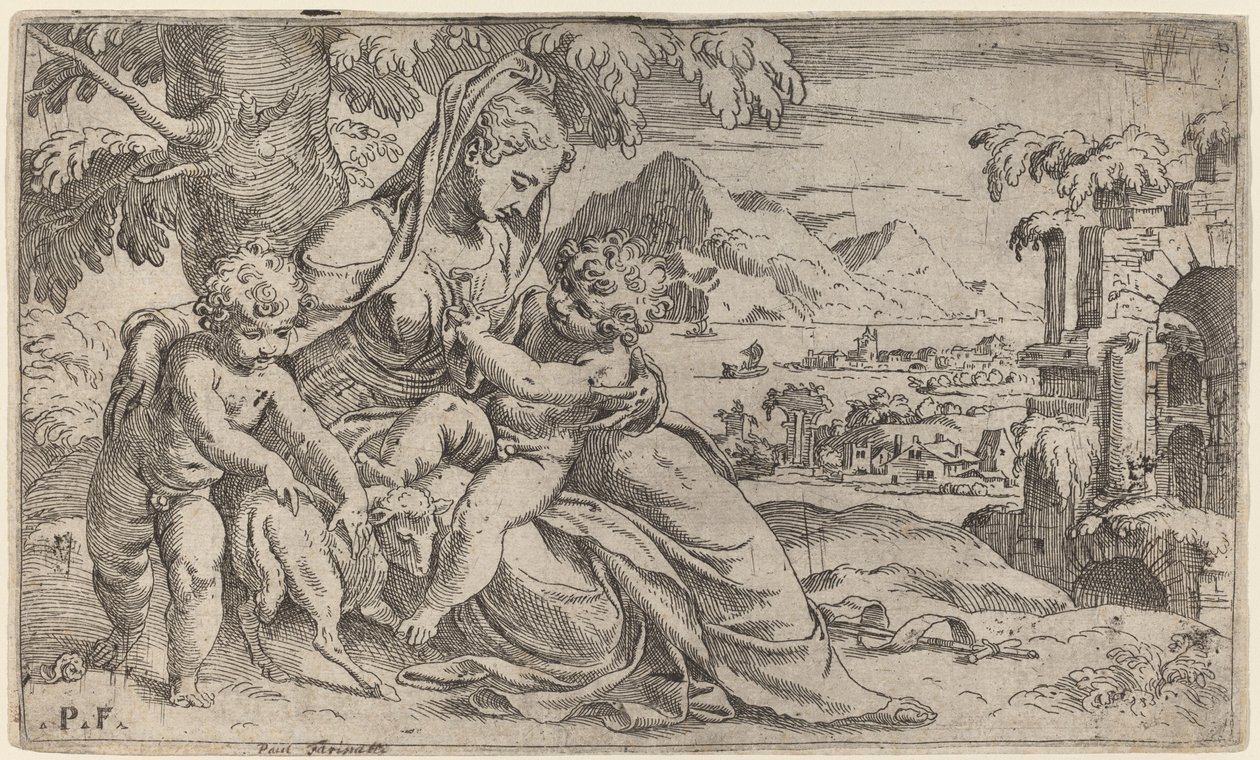 Madonna en Kind met Johannes de Doper door Orazio Farinati after Paolo Farinati
