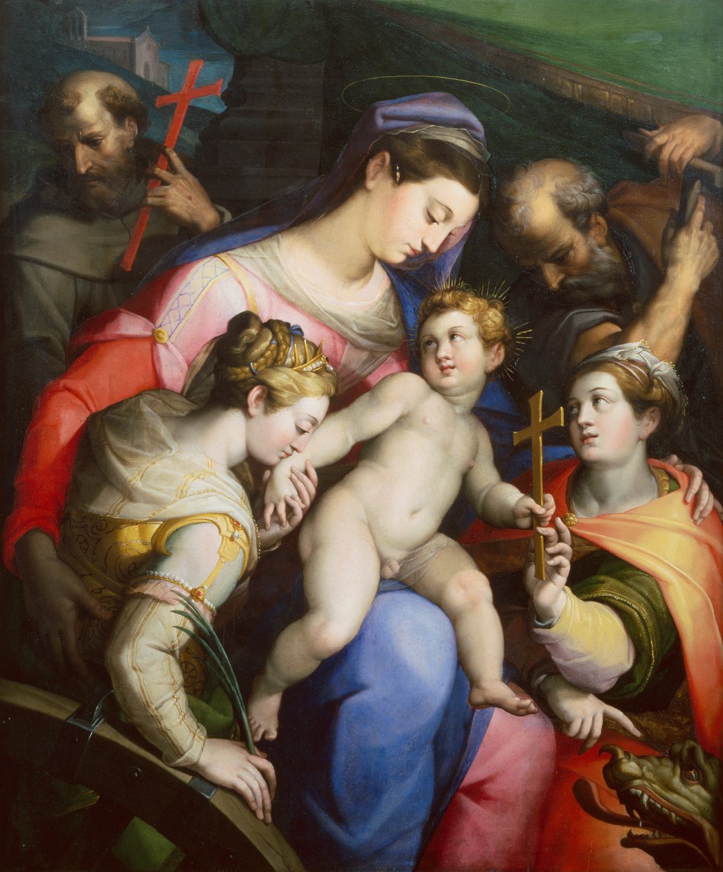 De Heilige Familie met Heiligen Margaretha, Catharina en Franciscus door Orazio Samacchini