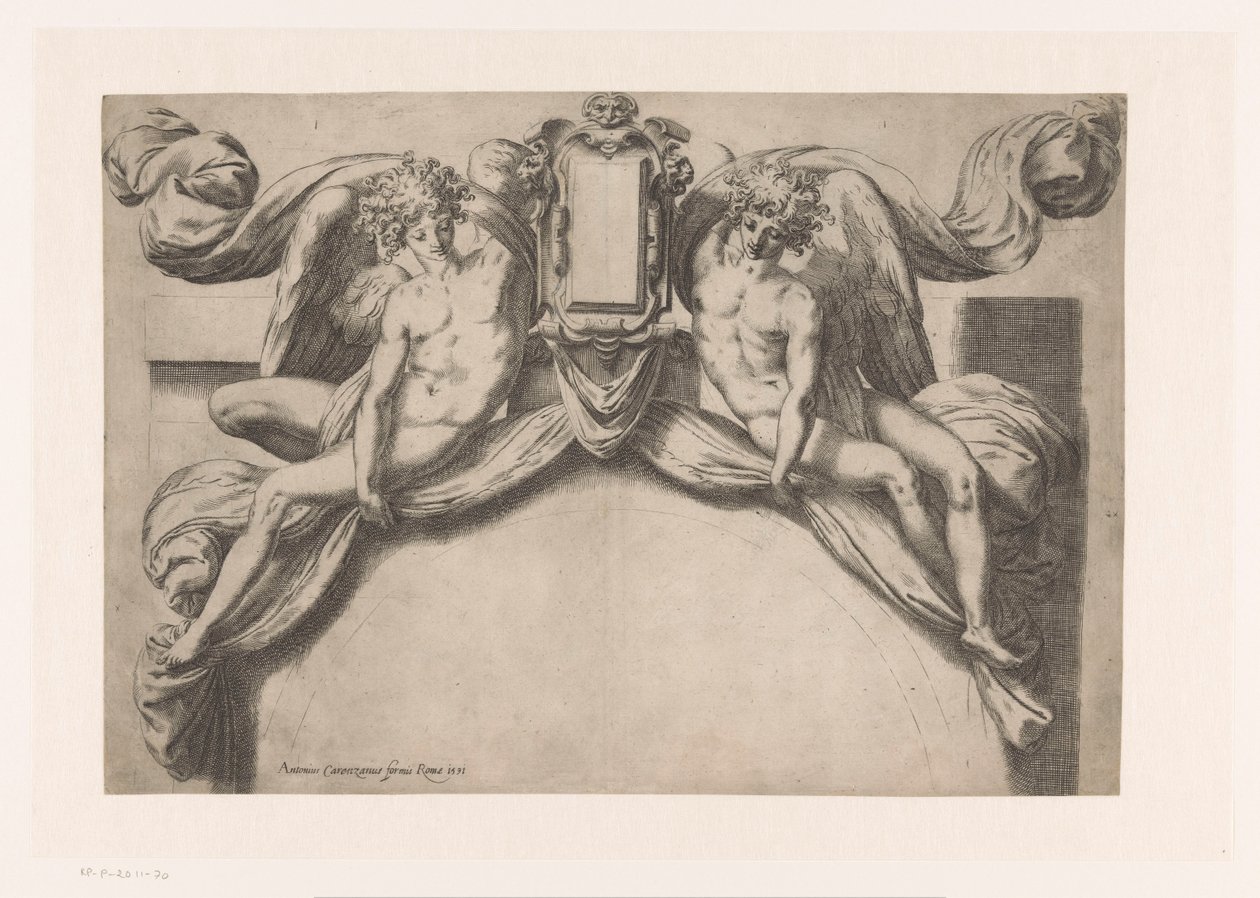 Ontwerp voor een deuromlijsting met twee genii die cartouche ophouden door Orazio de Santis (attributed to)