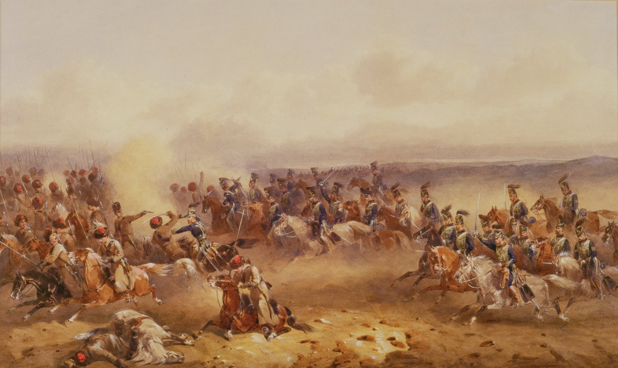 Een eskadron van de 10e Huzaren verslaat de Russen bij Tchernaya, 16 augustus 1855, c.1890 door Orlando Norie