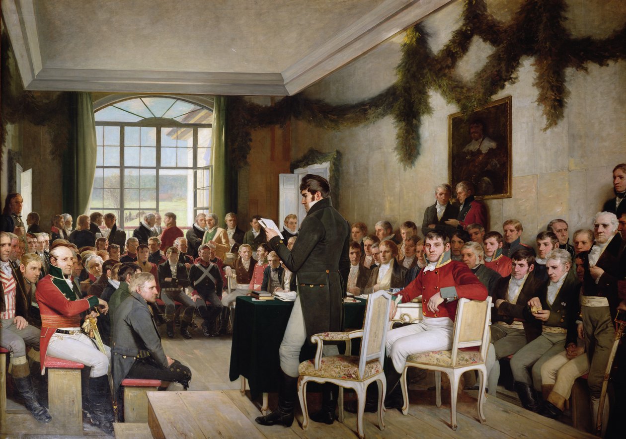 De Nationale Vergadering in Eidsvoll die de Noorse Grondwet aannam in 1814 door Oscar Arnold Wergeland
