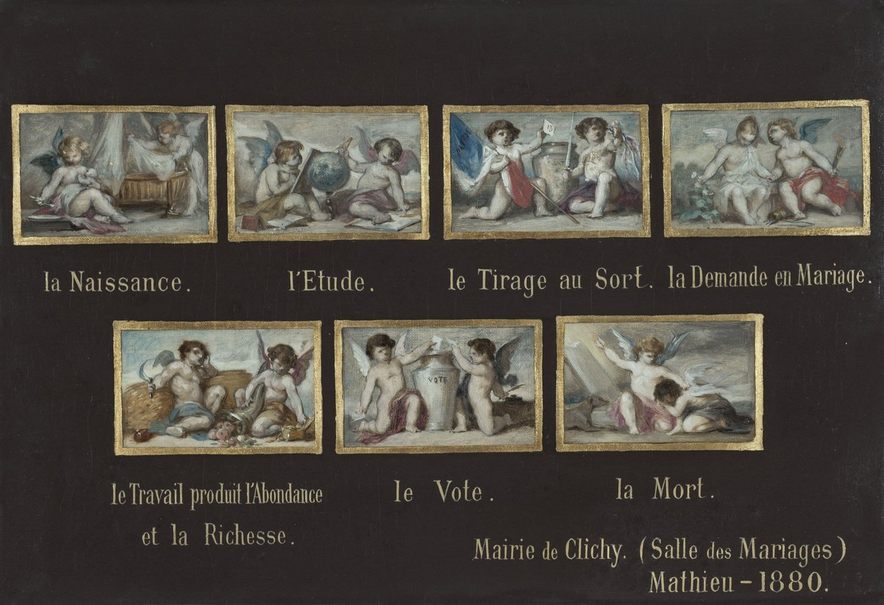 Schets voor het stadhuis van Clichy: Allegorieën van het leven van de burger (boven de deur van de trouwzaal) door Oscar Pierre Mathieu