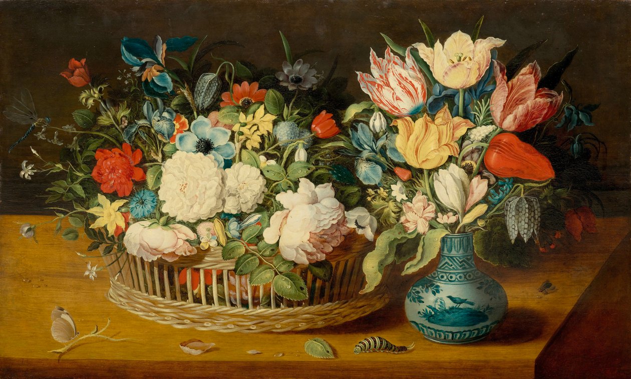 Stilleven met bloemen in een vlechtmand en een boeket in een porseleinen vaas door Osias the Elder Beert