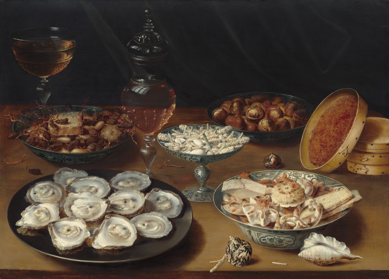 Schotels met oesters, fruit en wijn door Osias Beert the Elder