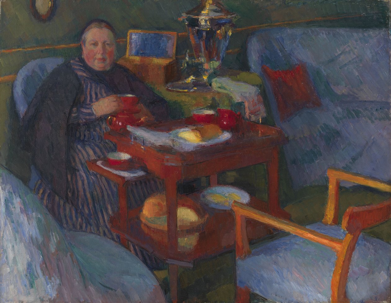 Vrouw die thee drinkt door Osip Emmanuilovich Braz