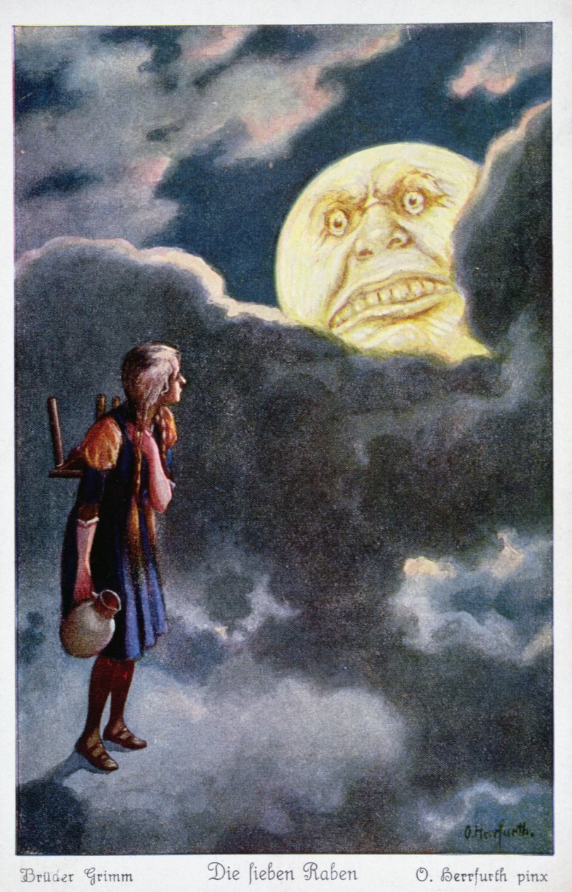 De maan dreigt het meisje te eten dat haar broers probeert te redden, illustratie uit De Zeven Raven door de Gebroeders Grimm door Oskar Herrfurth