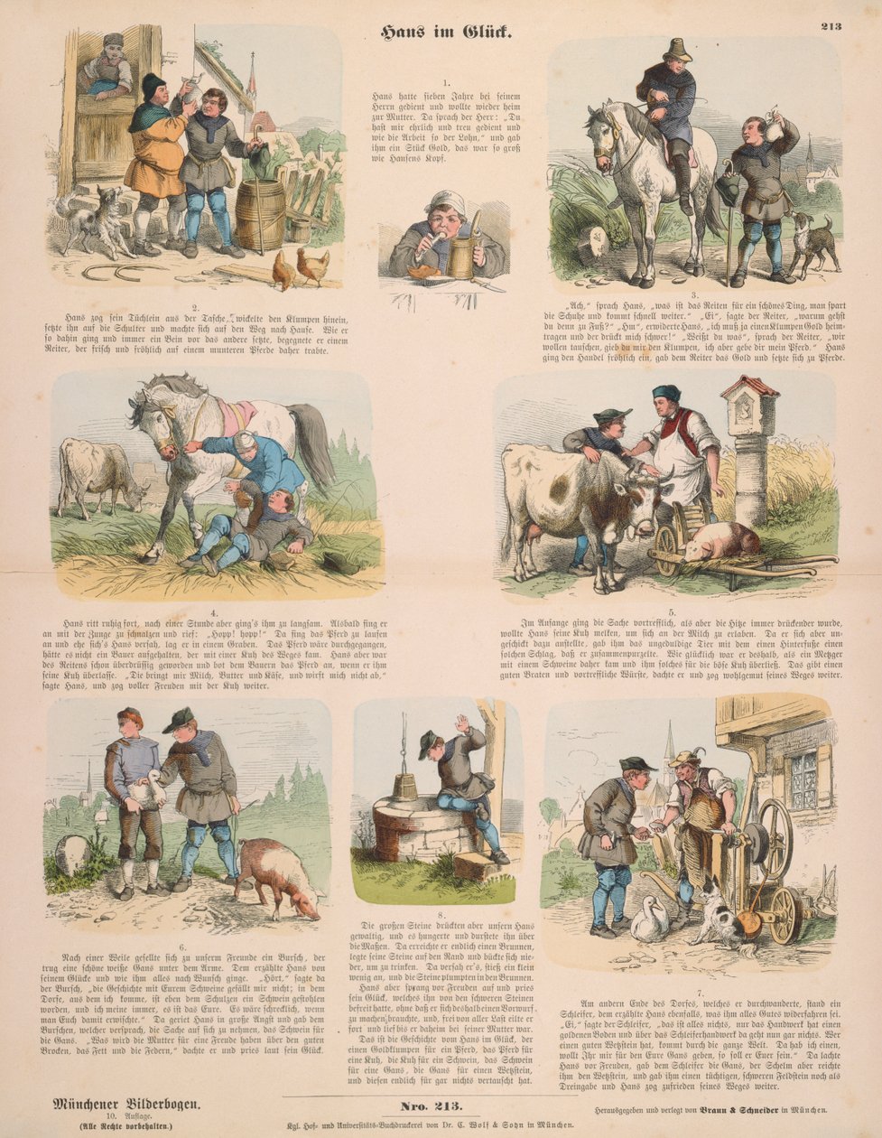 Hans in Geluk (naar de Gebroeders Grimm) pamflet uitgegeven door Gustav Weise, Stuttgart, 1860 door Oskar Pletsch