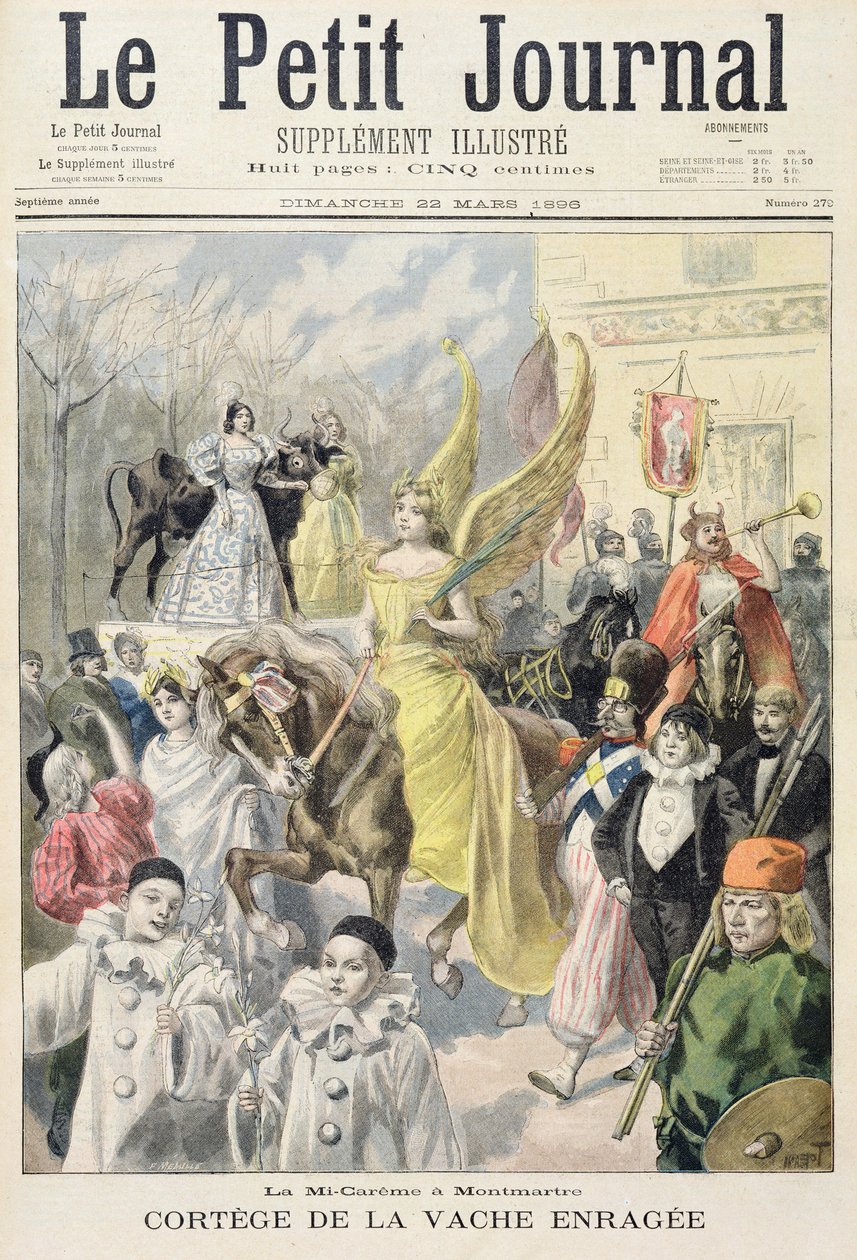 Titelpagina die de processie van de gekke koe toont, midden-Lent in Montmartre, illustratie uit de geïllustreerde bijlage van Le Petit Journal, 22 maart 1896 door Oswaldo Tofani