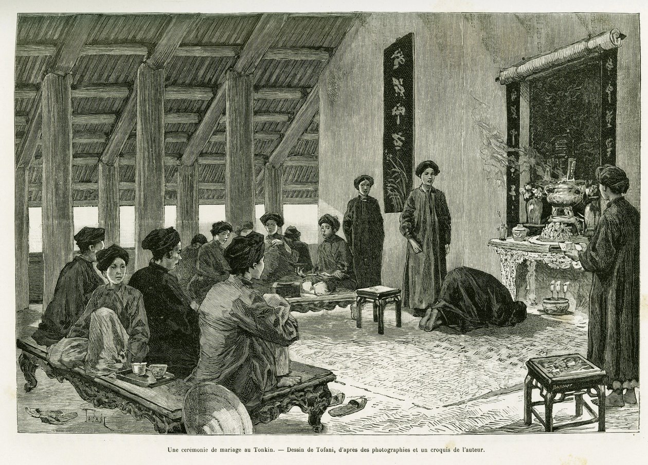 Een huwelijksceremonie in Tonkin. Gravure door Tofani, ter illustratie van het verhaal 