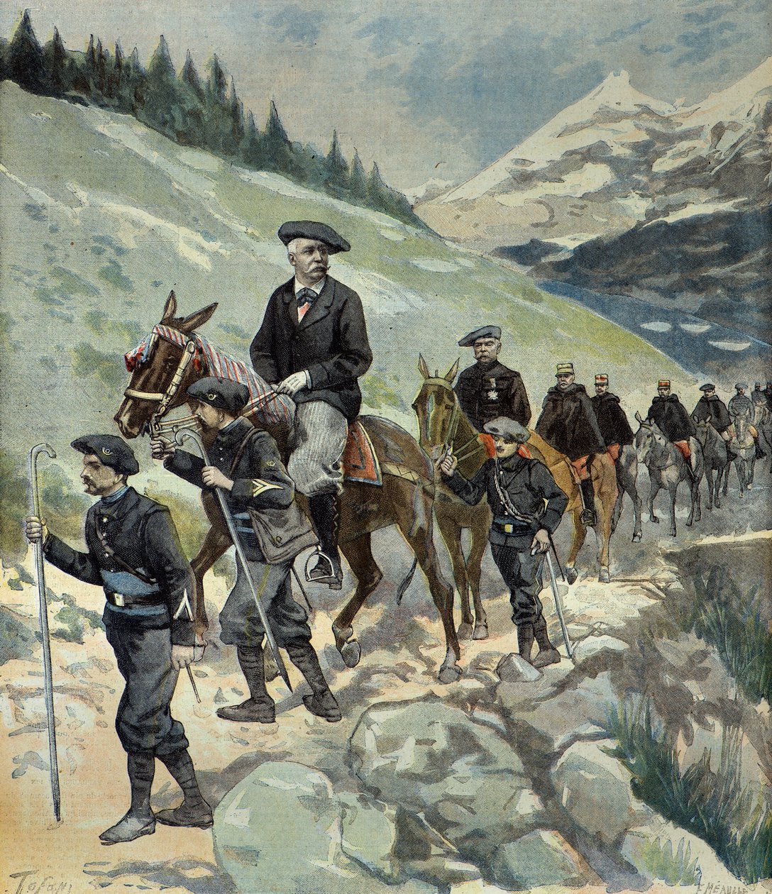 Felix Faure met alpenjagers tijdens een reis naar de Alpen in 1897 (Gravure) door Oswaldo Tofani