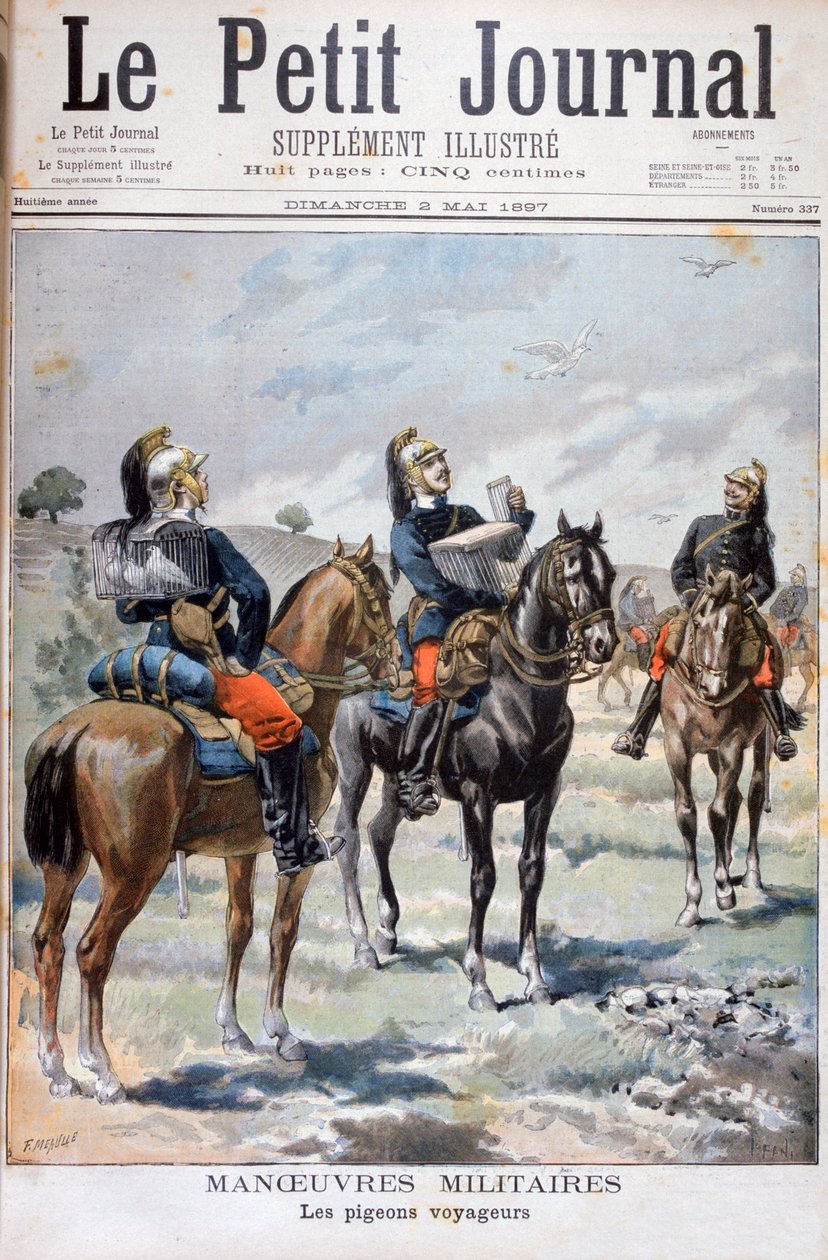Franse militaire manoeuvres: gebruik van postduiven voor communicatie, 1897 door Oswaldo Tofani