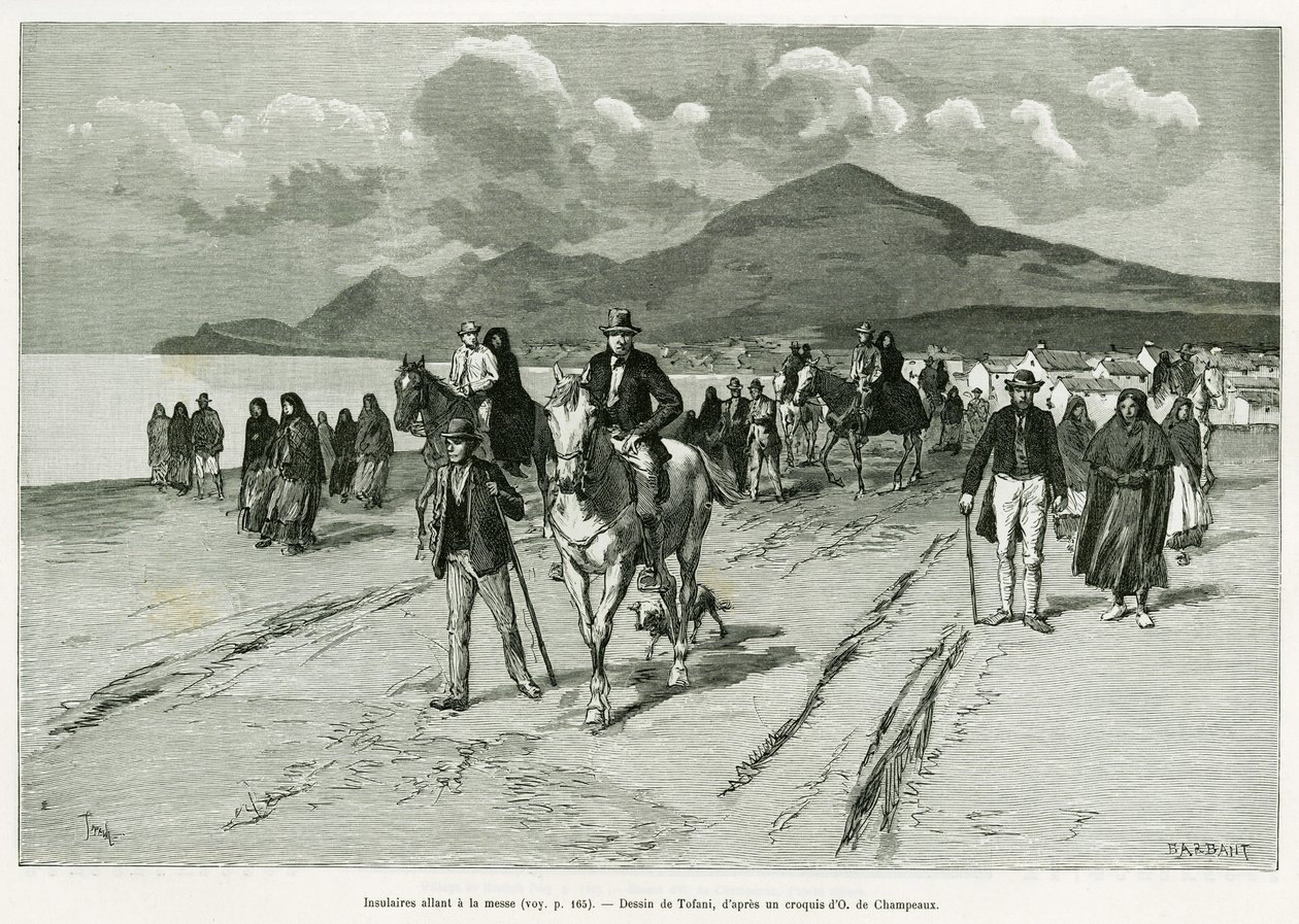 Eilandbewoners gaan naar de mis. Gravure door Tofani, ter illustratie van het verhaal Drie maanden in Ierland, in 1889, door Marie Anne de Bovet, in le tour du monde 1890, onder leiding van Edouard Charton (1807-1890), Hachette, Parijs. door Oswaldo Tofani