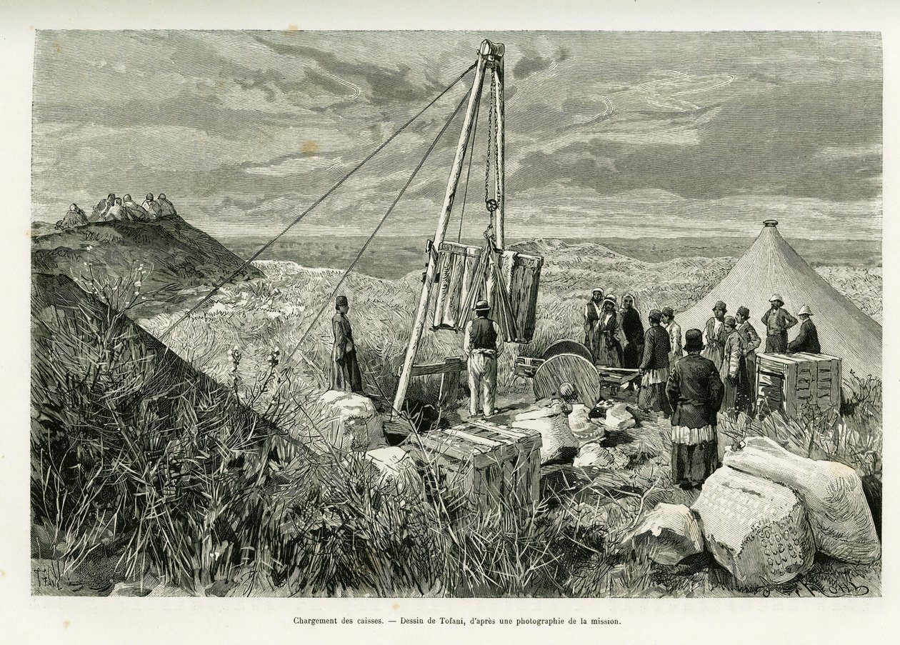 Het laden van de kisten van archeologische opgravingen, Perzië. Gravure door Tofani, ter illustratie van het verhaal 