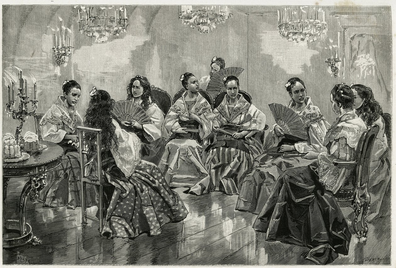 Narcisso Chinese handelsbeurs, Daraga, Filippijnen. Gravure door Tofani, ter illustratie van het verhaal 