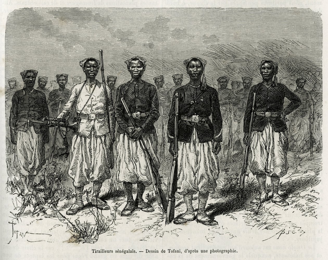 Senegalese ruiters van de expeditie-escorte. Gravure door Tofani, ter illustratie van het verhaal van Verkenning in Haut Niger, door commandant Gallieni, van de Mariniers, in 1880-1881, gepubliceerd in 