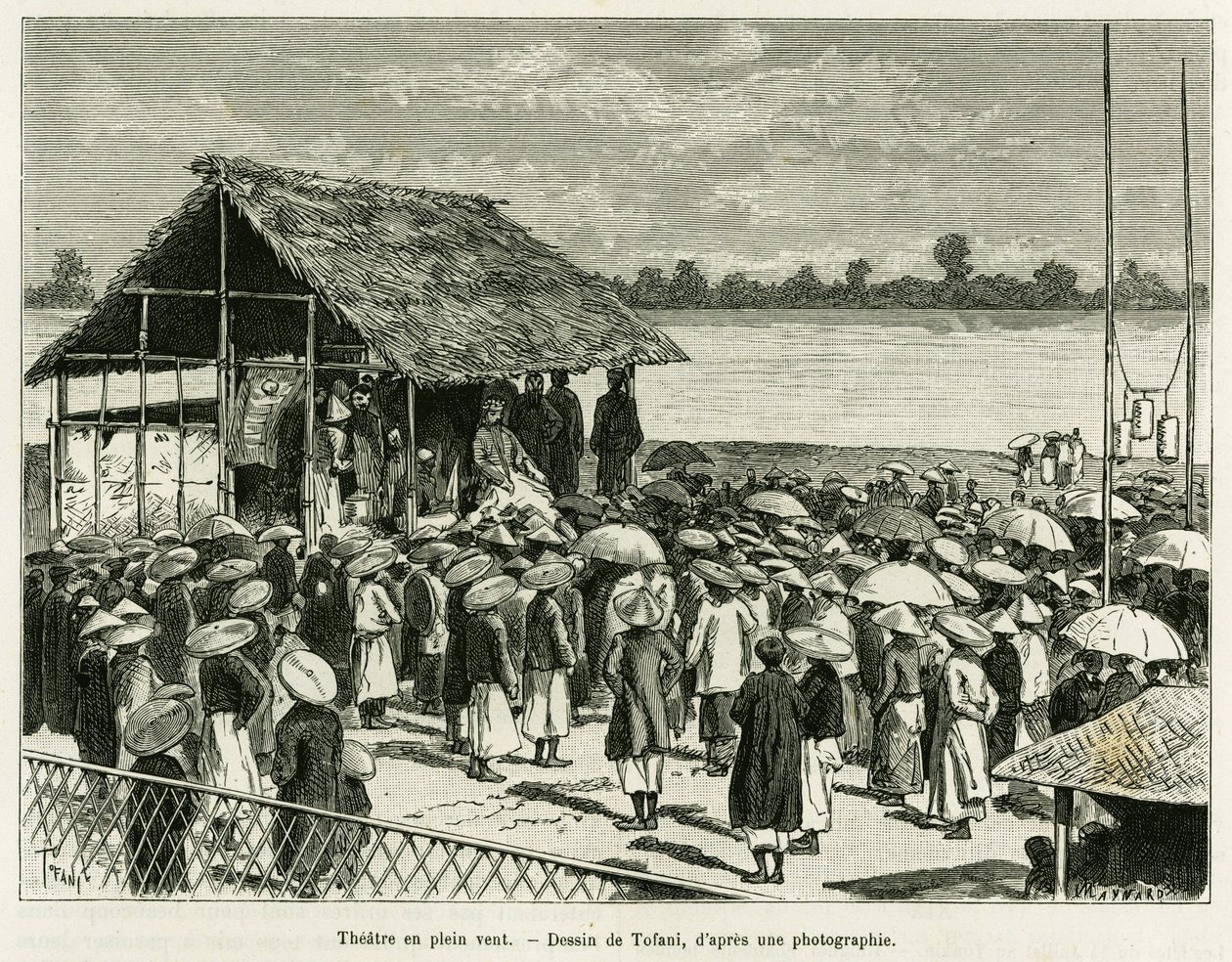 Theater in de wind. Gravure door Tofani, naar een foto, ter illustratie van het verhaal 