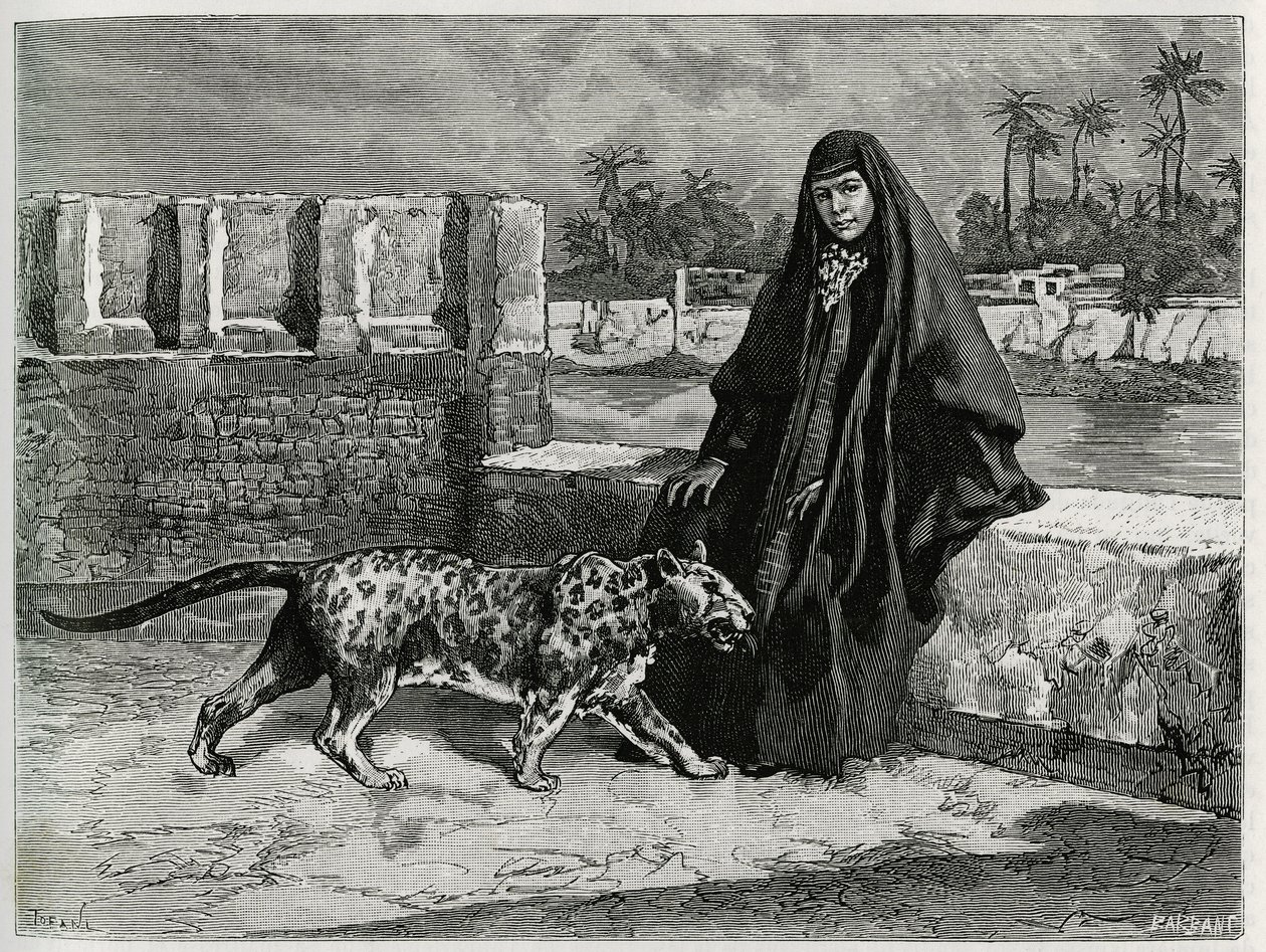 Torkan Khanoum, favoriet van Sheikh Moses, machtige stamleider van Arabistan met zijn panter. Gravure door Tofani, ter illustratie van het verhaal 
