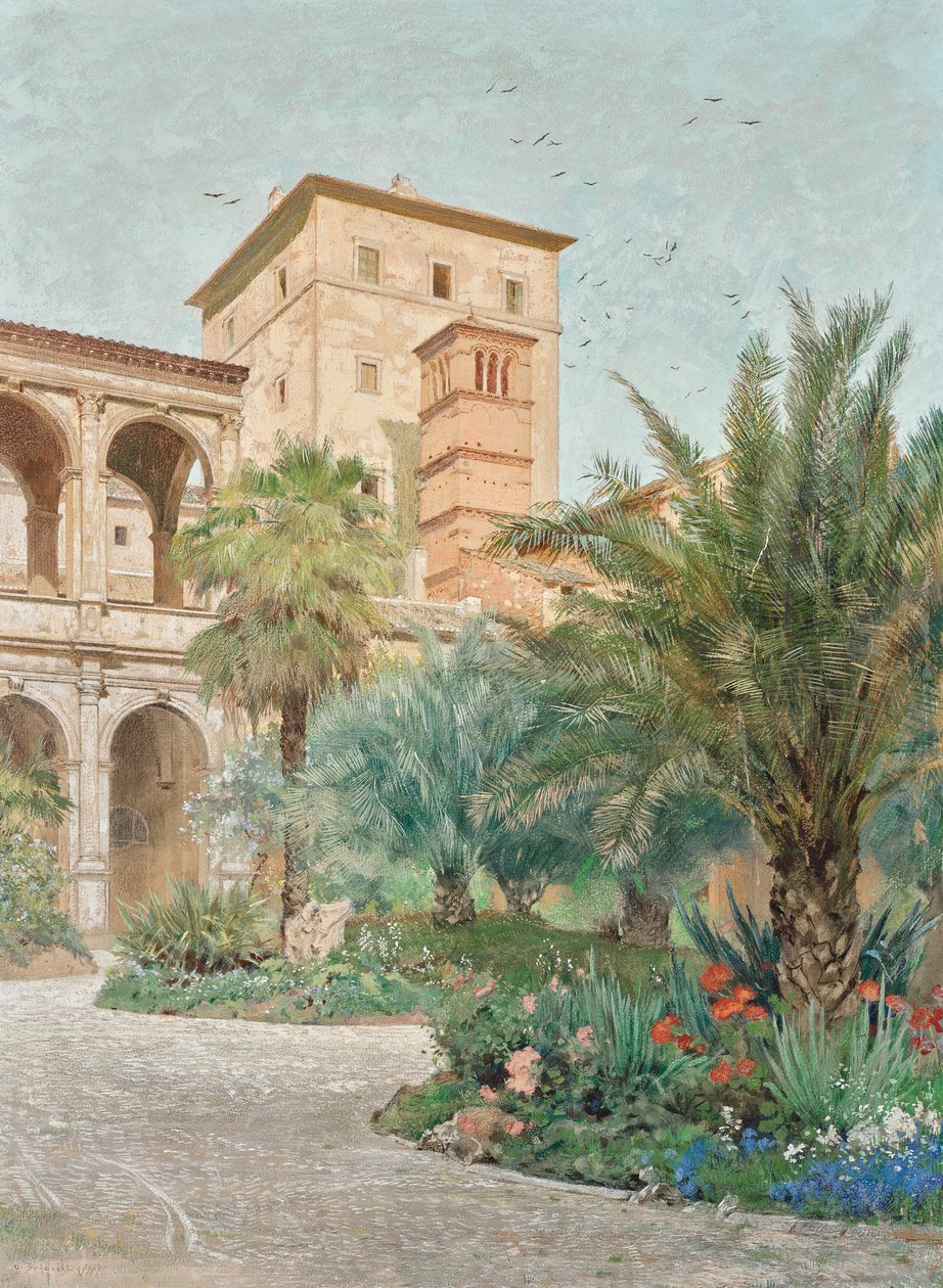 Gezicht op de ambassade in Rome: tuin met uitzicht op arcades door Othmar Brioschi