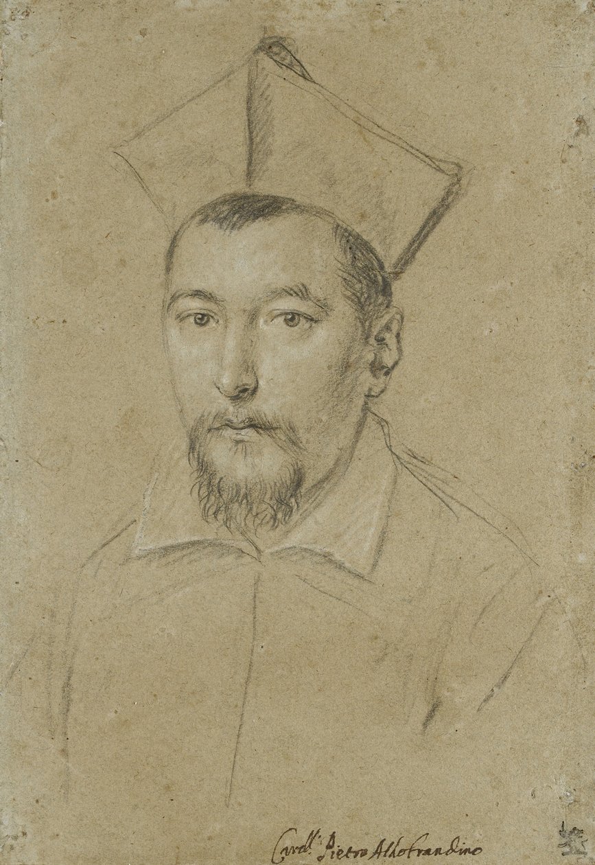 Portret van kardinaal Pietro Aldobrandini (zwarte krijt, verhoogd met wit op drab, blauw-grijs papier) door Ottavio Mario Leoni