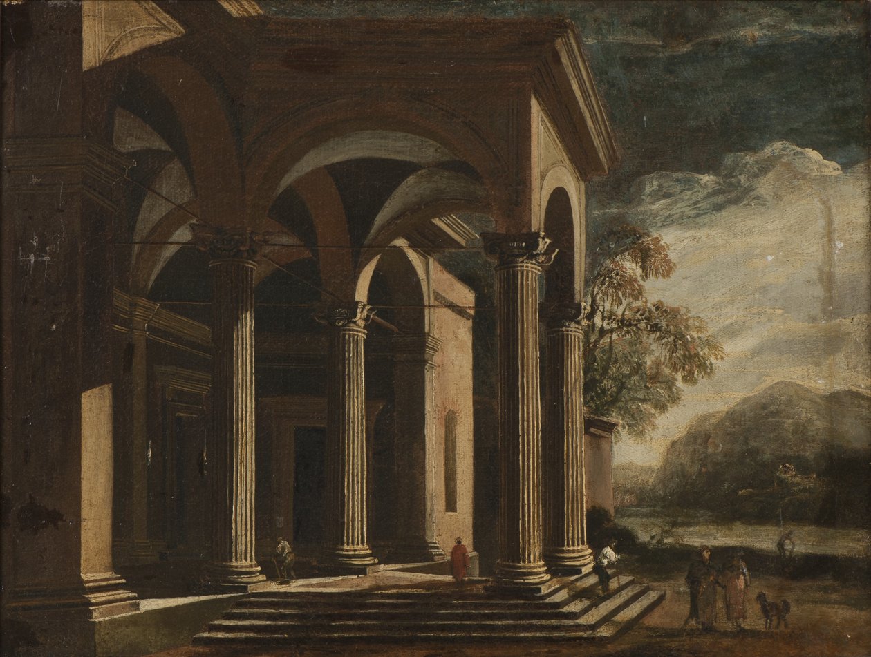 Architectonische fantasie paleis in een landschap door Ottavio Viviani