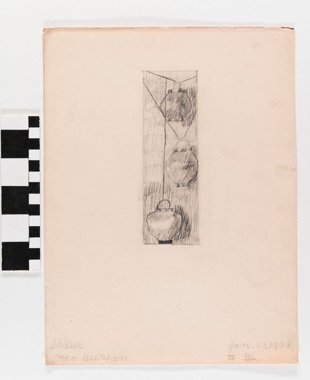 Potloodtekening van drie hangende lampen op papier door Otto Burian
