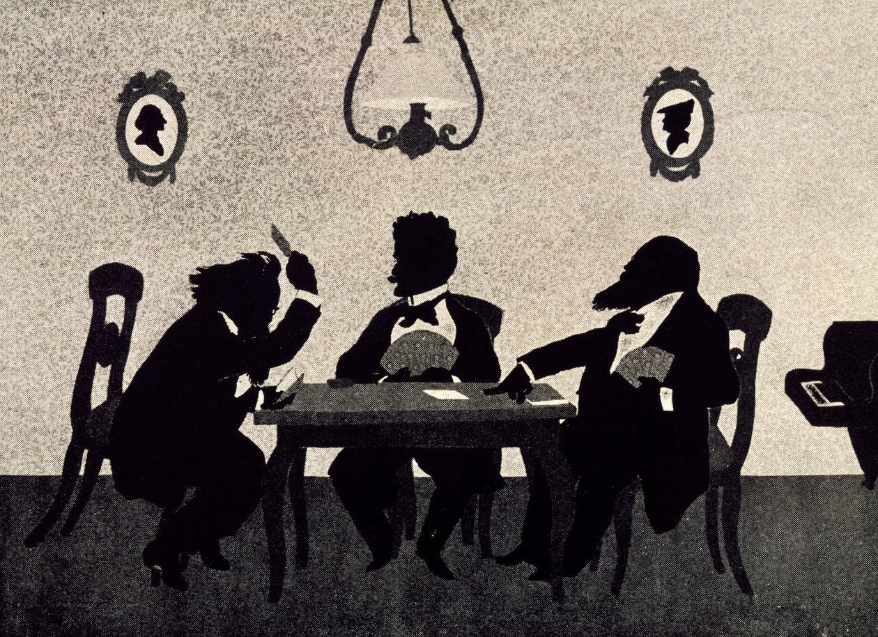 Kaartspel tussen Johannes Brahms, Richard Strauss en Hans Richter, zwarte silhouet door Otto Bohler door Otto Bohler