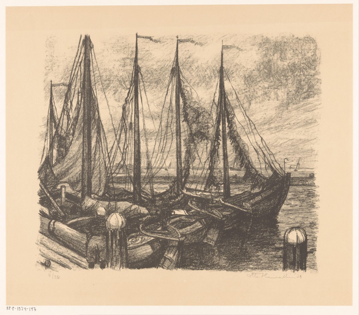 Afgemeerde vissersschepen in een haven door Otto Hanrath (signed by artist)