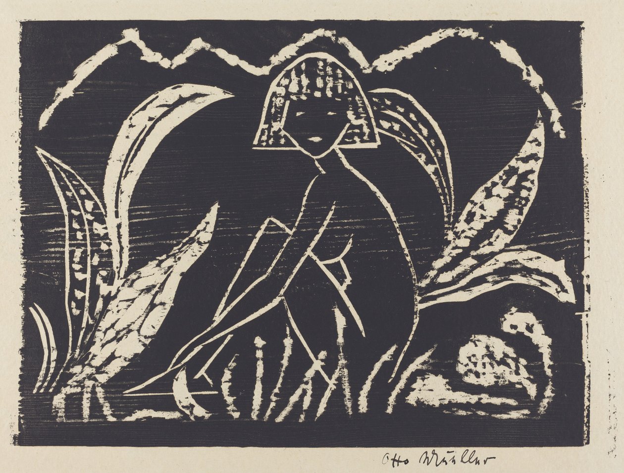 Naakt meisje in een landschap (Madchenzwischen Blattpflanzen) door Otto Müller