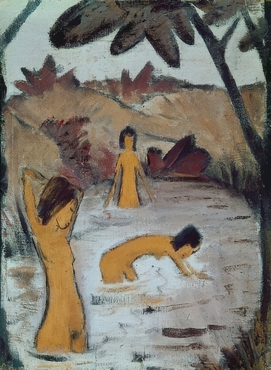 Drie baders in de vijver. Om 1912 door Otto Mueller