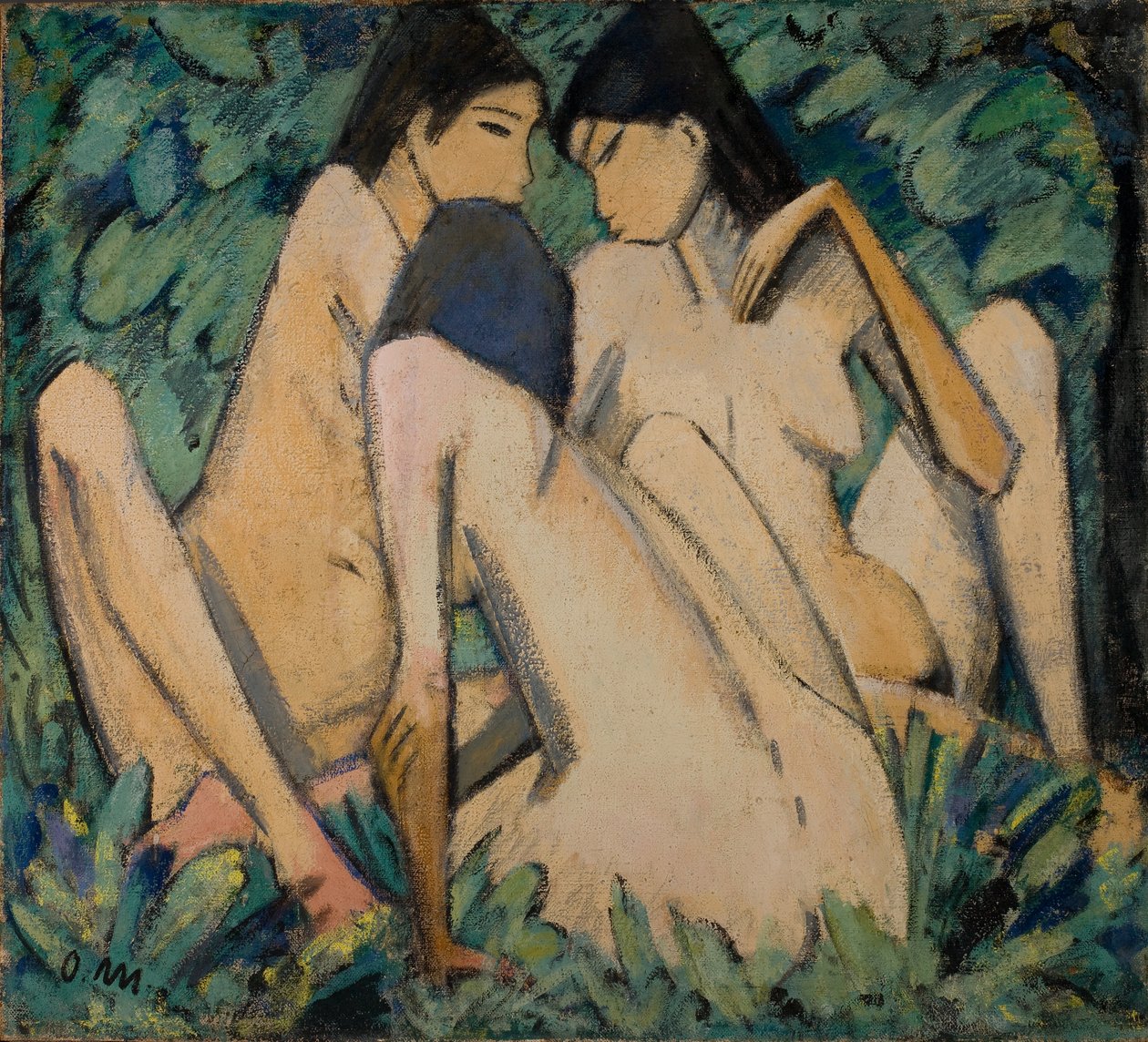 Drie meisjes in een bos, c.1920 (olieverf en tempera op paneel) door Otto Muller or Mueller