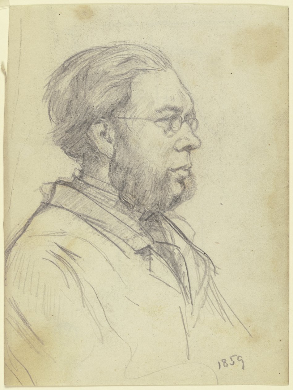 Busteportret van een man naar links met gevorkte baard en bril door Otto Scholderer