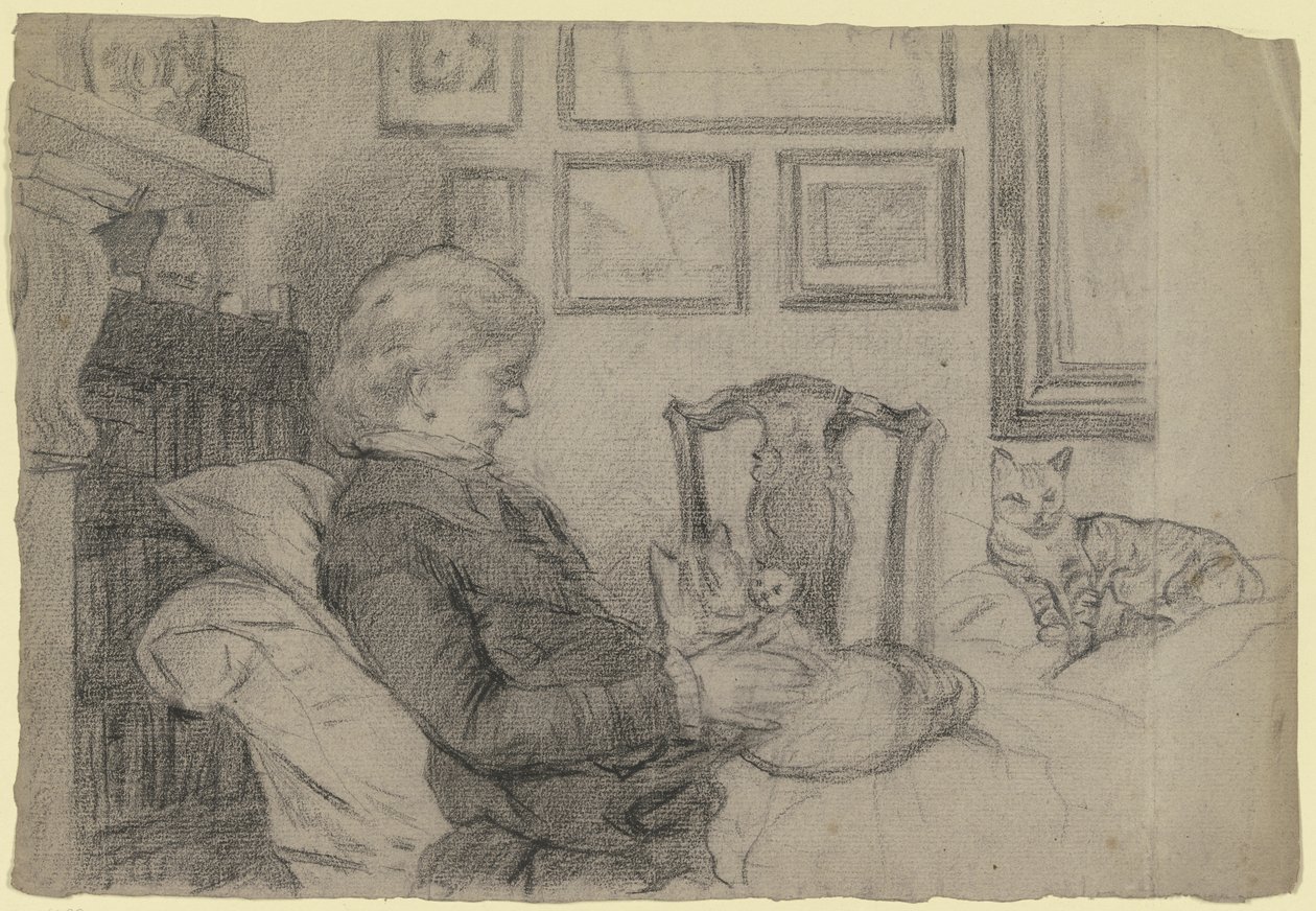 Luise Scholderer bij de open haard met veel katten door Otto Scholderer