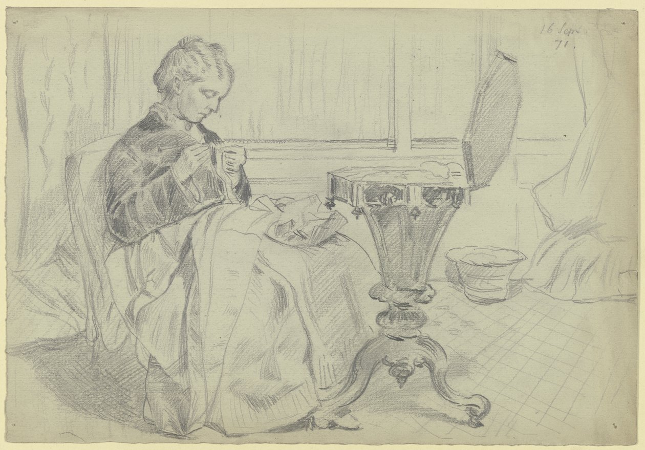 Luise Scholderer aan de naaitafel, bezig met handwerk door Otto Scholderer
