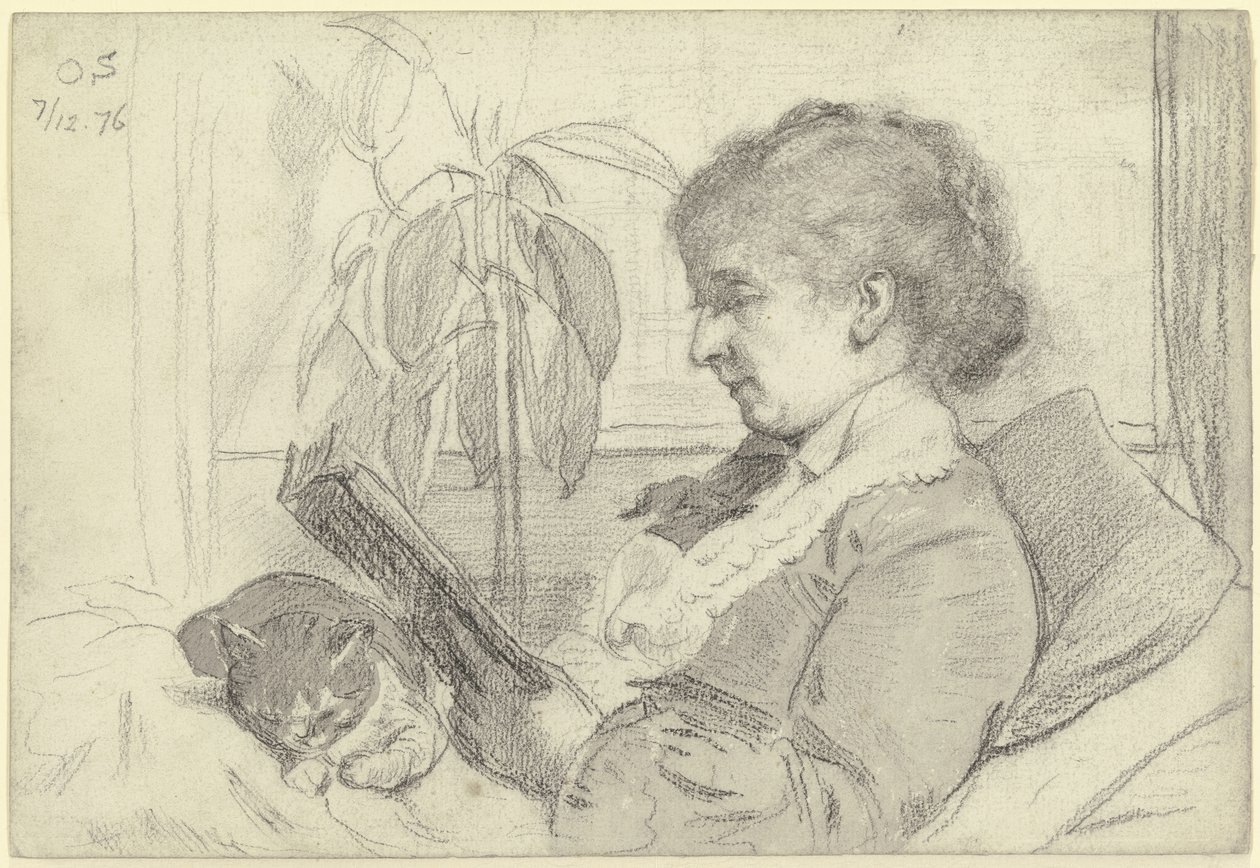 Luise Scholderer zit te lezen met een kat door Otto Scholderer