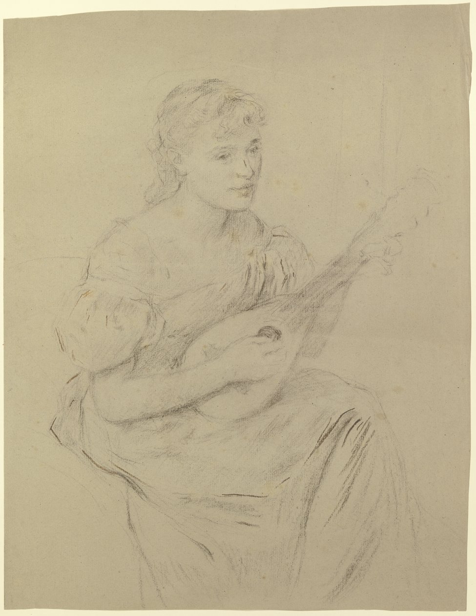 Jonge vrouw die mandoline speelt („luitbespeelster“) door Otto Scholderer